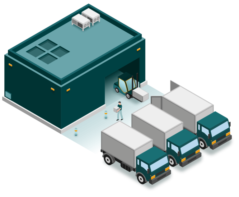Illustration isométrique d'un entrepôt avec des camions