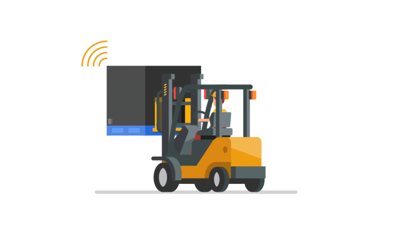 illustration d'un chariot élévateur en train de déplacer qui contenants réutilisable connecté avec l'IoT